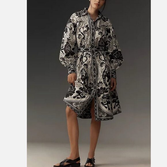 Farm Rio Anthropologie Long-Sleeve Collared Midi Shirt Dress Black White XS NWT